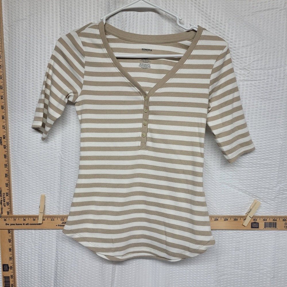 Sonoma Goods For Life Tan White Striped Ribbed Henley Top Petite XS PXS
